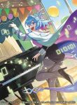  1girl 2026 balloon beamed_eighth_notes binary black_shoes black_skirt blue_eyes blue_hair blue_tail chalkboard coat commentary_request copyright_notice dragon_girl dragon_horns dragon_musume_ni_naritakunai! dragon_tail duel_masters eighth_note grand_piano grey_pantyhose hair_ornament high_heels horns indoors instrument kugo_reichi looking_back medium_hair multicolored_hair musical_note musical_staff official_art one_eye_closed open_clothes open_coat open_mouth pantyhose piano pink_hair playing_instrument playing_piano quarter_note sheet_music shoes skirt smile solo standing standing_on_one_leg string_of_flags tail teeth upper_teeth_only white_coat window yuko666 