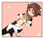  animal_ears animal_print bell bell_collar bib blush brown_hair collar cosplay cow cow_ears cow_print cow_tail doll_joints green_eyes heterochromia horns kumashiro midriff navel red_eyes rozen_maiden short_hair solo souseiseki tail 