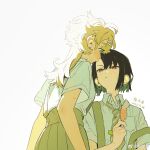  2girls ahoge bare_arms begging black_hair blush braid breast_pocket buttons chinese_commentary chinese_text closed_mouth commentary_request couple dated diagonal-striped_clothes diagonal-striped_necktie dot_nose dress_shirt english_text eye_contact facing_another flustered food from_behind from_below from_side green_eyes grey_skirt hair_between_eyes hair_ornament hairclip hand_up highres holding holding_food holding_popsicle jellyfish_cut light_frown long_hair long_sleeves looking_at_another looking_down looking_up melting_popsicle minamip multiple_girls multiple_hairclips necktie open_clothes open_shirt orange_trim original outdoors parallel_hairclips parted_bangs partially_unbuttoned pleated_skirt pocket popsicle profile raised_eyebrows red_eyes school_uniform sepia shirt short_hair short_sleeves simple_background skirt sleeve_cuffs standing striped_clothes striped_necktie sunlight suspender_skirt suspenders suspenders_slip sweat swept_bangs thick_eyebrows tie_clip turning_head unbuttoned unbuttoned_shirt upper_body watermark weibo_watermark white_background white_shirt yuri yurie_mouth 