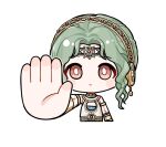  1girl armlet artist_request bare_shoulders black_headband blush_stickers bodypaint bracer bright_pupils brown_eyes chibi choker closed_mouth cropped_torso dress earmuffs expressionless forehead_jewel gem gold_armlet gold_choker gold_necklace greco-roman_clothes green_hair hairband headband infinity_nikki jewelry looking_at_viewer necklace nikki_(series) official_art origin_of_machinery_(infinity_nikki) outstretched_arm red_gem short_hair_with_long_locks sidelocks sleeveless sleeveless_dress solo sticker_(medium) stop_(gesture) tareme transparent_background wavy_hair white_dress white_pupils yellow_hairband 