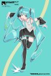 1girl absurdres aqua_background aqua_eyes aqua_hair aqua_necktie aqua_trim black_boots black_skirt black_sleeves boots childwolf commentary_request detached_sleeves food grey_shirt hatsune_miku highres holding holding_food holding_spring_onion holding_vegetable long_hair looking_at_viewer miniskirt necktie open_mouth running shirt simple_background skirt smile solo spring_onion thigh_boots vegetable very_long_hair vocaloid 