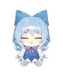  1girl blue_bow blue_dress blue_hair bow bowtie chibi chibi_only cirno closed_eyes collared_shirt commentary dress full_body hair_bow ice ice_wings long_sleeves open_mouth pinafore_dress red_bow red_bowtie shirt shoes short_hair sia_6767 simple_background sitting sleeveless sleeveless_dress solo touhou triangle_mouth white_background white_shirt white_shoes wings 