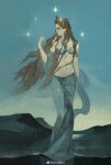  1girl absurdres ansuya_(sultan's_game) arm_cuffs artist_name baichuan_baichuan bell black_eyes blue_gem blue_skirt blue_sky bracelet brown_hair chinese_commentary closed_mouth collarbone commentary_request crown earrings eyeshadow floating_hair full_body gem hair_over_shoulder highres holding holding_bell jewelry lips long_hair looking_at_object makeup metal_arm_cuffs mountain navel outdoors profile skirt sky solo standing star_(sky) sultan's_game very_long_hair water watermark weibo_watermark 