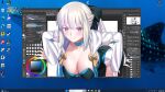  1girl absurdres black_bow black_dress blue_choker blue_eyes blush bow braid breasts center_opening choker cleavage commentary desktop_(computing) dress english_commentary fate/grand_order fate_(series) grey_hair hair_bow half_up_braid highres large_breasts long_hair long_sleeves longdq3008 looking_at_viewer monitor morgan_le_fay_(fate) original ponytail sidelocks smile solo two-tone_dress very_long_hair white_hair window_(computing) 