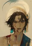  absurdres artist_name arzu_(sultan's_game) baichuan_baichuan blood blood_on_face blood_on_neck brown_eyes brown_hair collarbone commentary_request earrings facial_mark feathers forehead_mark gem green_gem hat hat_feather highres jewelry lips looking_at_viewer parted_bangs parted_lips portrait short_hair simple_background sultan's_game tassel watermark weibo_watermark white_hat 