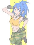  1girl bare_shoulders black_gloves blue_eyes blue_hair breasts camouflage camouflage_pants commentary_request crop_top d_sugama dog_tags earrings gloves highres jewelry leona_heidern midriff navel pants pouch simple_background sleeveless solo tank_top the_king_of_fighters the_king_of_fighters_xv triangle_earrings yellow_tank_top 