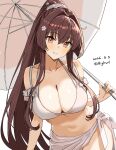  1girl absurdres bigkwl bikini blush breasts brown_eyes brown_hair cleavage collarbone commentary_request cowboy_shot dated grin hair_between_eyes hair_intakes highres holding holding_umbrella kantai_collection large_breasts long_hair looking_at_viewer navel ponytail sarong simple_background smile solo swimsuit twitter_username umbrella white_background white_bikini white_sarong white_umbrella yamato_(kancolle) yamato_kai_ni_(kancolle) yamato_kai_ni_(swimsuit)_(kancolle) 