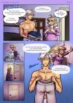 absurd_res blonde_hair blue_eyes blush bottomwear bra clothing comic denim denim_bottomwear denim_clothing dialogue drake_(the_weight_of_scales) elf english_text fanimal_creations female hair hi_res human humanoid iris_(the_weight_of_scales) jeans male male/female mammal nipples not_furry pants scar smile speech_bubble sweatpants tan_body tan_skin text the_weight_of_scales towel towel_only underwear white_hair wounded yellow_eyes