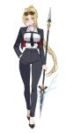  1girl absurdres ahoge black_jacket black_necktie black_pants black_shoes blonde_hair breasts commentary english_commentary evil_rat eyewear_on_head hand_in_pocket highres holding holding_polearm holding_weapon jacket long_hair mole mole_under_eye necktie original pants polearm ponytail second-party_source shirt shoes simple_background solo spear sunglasses weapon white_background white_shirt yellow_eyes 