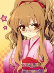  :&lt; aisaka_taiga alternate_hairstyle bespectacled blush brown_eyes brown_hair flat_chest glasses highres japanese_clothes kimono long_hair osa_(osaosa) solo toradora! 