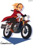  1girl bandana bandana_around_neck black_bandana black_pants blonde_hair brown_eyes brown_shoes closed_mouth coat commentary commission derbruhniko earmuffs english_commentary floating_hair highres long_sleeves motor_vehicle motorcycle on_motorcycle orange_shirt pants red_coat riding riding_motorcycle shirt shoes short_hair simple_background solo touhou toyosatomimi_no_miko triumph_(motorcycle) white_background 