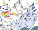 2026 5:4 animal_skin anthro bandai_namco blush bottomwear canid clothed clothing colored_nails dahecksajerry digimon digimon_(species) duo ear_piercing ear_ring english_text fur gabumon happy hi_res horn kiss_on_head kissing male mammal nails open_mouth painting_nails pants piercing pink_nails red_eyes ring_piercing simple_background sitting size_difference smile striped_body striped_fur stripes tail text topless weregarurumon white_background yellow_body