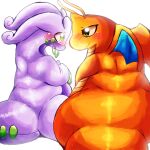 1:1 2026 antennae_(anatomy) anthro belly big_butt big_tail blush blush_lines butt colored digital_drawing_(artwork) digital_media_(artwork) dragon dragonite duo eye_contact felipotyphlosion female female_anthro generation_1_pokemon generation_6_pokemon glistening glistening_body goodra green_eyes green_markings hi_res looking_at_another male male/female male_anthro markings membrane_(anatomy) membranous_wings mythological_creature mythological_scalie mythology narrowed_eyes nintendo open_mouth orange_body overweight overweight_anthro overweight_female overweight_male pokemon pokemon_(species) purple_body romantic romantic_couple scalie simple_background slime tail tail_butt thick_tail thick_thighs white_background wings