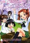  :d absurdres angry april black_eyes black_hair black_legwear brown_eyes brown_hair calendar_(medium) cherry_blossoms crossed_legs eating girls_und_panzer glasses green_skirt ground_vehicle hair_ribbon highres jagdpanzer_38(t) kadotani_anzu kawashima_momo kneehighs koyama_yuzu loafers long_hair march military military_vehicle miniskirt monocle motor_vehicle multiple_girls neckerchief official_art ooarai_school_uniform open_mouth pleated_skirt ponytail ribbon school_uniform serafuku shoes short_hair shouting sitting skirt smile sono_midoriko standing tank twintails wavy_mouth yamaguchi_asuka 