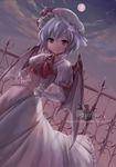  bat_wings dress fence full_moon hands_clasped looking_at_viewer moon own_hands_together remilia_scarlet silhouette smile touhou wings yuki_(popopo) 