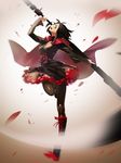  belt boots bullet cape corset frilled_skirt frills mojaranmo pantyhose petals profile ruby_rose rwby scythe short_hair silver_eyes skirt solo weapon 