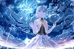  ascot blue blue_eyes blue_hair blue_sky bob_(biyonbiyon) bubble cloud crying crying_with_eyes_open dress fantasy fisheye gumi highres looking_at_viewer looking_up open_mouth outdoors rain ripples silver_hair sky sleeveless sleeveless_dress solo tears vest vocaloid wading wallpaper water white_dress widescreen 