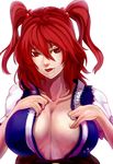  breasts cleavage hair_ornament large_breasts looking_at_viewer minami_koyogi onozuka_komachi red_eyes red_hair short_hair solo touhou two_side_up 