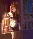  bad_id bad_pixiv_id blush book brown_hair candle curtains detached_sleeves elf holding maid maid_headdress myucel_foalan nine_wangwang outbreak_company pointy_ears purple_eyes ribbon smile solo standing twintails window 