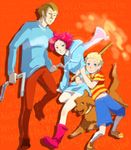  2boys blonde_hair blue_eyes boney boots brown_hair dog duster_(mother) fire grin height_difference hood hoodie kumatora lucas mother_(game) mother_3 multiple_boys red_hair sesyamo shirt shorts smile staple stick sweatdrop sweater t-shirt 