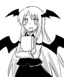  :d armband bat_wings blush book book_hug dress_shirt greyscale head_wings highres holding holding_book koakuma long_hair long_sleeves looking_at_viewer monochrome open_mouth shirt simple_background sketch skirt skirt_set smile solo touhou very_long_hair vest white_background wings yutamaro 