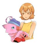  brown_hair digimon digimon_adventure gloves hat hat_over_one_eye hat_removed headwear_removed piyomon red_eyes sesyamo short_hair sleeveless sleeveless_turtleneck smile takenouchi_sora turtleneck upper_body 