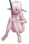  barefoot blonde_hair cozy elf full_body hair_over_one_eye knees_together_feet_apart original pointy_ears red_eyes simple_background sitting solo staff white_background 