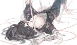  1boy black_hair closed_mouth doll_joints dororo_(tezuka) ebira hyakkimaru_(dororo) japanese_clothes kimono lying male_focus on_back pale_skin prosthesis prosthetic_arm red_eyes red_string slit_pupils solo string sword weapon 