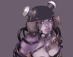  bad_id bad_pixiv_id breasts cleavage helmet kusagami_style large_breasts original parted_lips purple_eyes solo stitches 