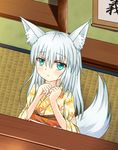  animal_ears aqua_eyes bad_id bad_pixiv_id expressionless fox_ears fox_tail japanese_clothes kimono leaf_print long_hair original satsuki_yukimi solo tail white_hair yukata 