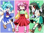  :d anklet asymmetrical_legwear black_hair blue_background blue_eyes blue_hair blue_skirt bow cirno clenched_hand clenched_hands closed_eyes commentary_request flower green_background green_bow green_skirt hair_bow hair_flower hair_ornament hieda_no_akyuu ice japanese_clothes jewelry long_hair long_sleeves looking_at_viewer midriff multiple_girls navel open_mouth outstretched_hand parted_lips pink_background pointing purple_hair radiation_symbol red_eyes red_skirt reiuji_utsuho ribbon sandals shoes short_hair simple_background skirt smile snowflakes socks standing sweatdrop touhou v-shaped_eyebrows very_long_hair wide_sleeves wings yuuhi_alpha 