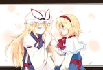  alice_margatroid blonde_hair blue_eyes blush capelet closed_eyes dress faech hairband hat highres holding_hands letterboxed long_hair multiple_girls touhou yakumo_yukari 