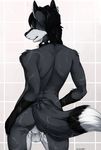  anthro back back_turned backsack balls black_fur black_hair butt canine claws collar ear_piercing fluffy_tail fox fur gloves_(marking) grey_fur hair male mammal markings nude perineum piercing pinup pose shower solo spiked_collar standing truegrave9 water wet whiskers 