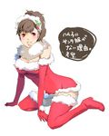  blush boots breasts brown_hair christmas cleavage dress elbow_gloves female_protagonist_(persona_3) fur_collar fur_trim gloves kneeling lips persona persona_3 persona_3_portable red_dress red_eyes red_gloves sesyamo short_hair smile solo thigh_boots thighhighs translation_request 