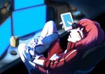 cellphone computer controller fingerless_gloves game_controller gamepad gloves green_eyes jacket keyboard_(computer) monitor mouse_(computer) original phone psp_go red_hair screen_light sesyamo shorts smartphone solo track_jacket 