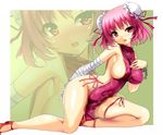  amputee bandages bare_legs blush breasts bun_cover chain chinese_clothes cuffs double_bun false_arm false_limb flower highres ibaraki_kasen k_liss_s large_breasts legs naked_tabard pink_eyes pink_hair revealing_clothes rose short_hair sideboob solo tabard touhou 