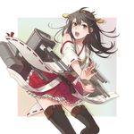  ahoge black_hair black_legwear boots brown_eyes cannon detached_sleeves haruna_(kantai_collection) headgear japanese_clothes kantai_collection long_hair mecha_musume nontraditional_miko open_mouth pleated_skirt skirt soa solo thigh_boots thighhighs wide_sleeves zettai_ryouiki 