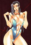  areolae azuki_kurenai black_hair breasts goggles highres huge_breasts large_breasts lips long_hair mature navel open_mouth swimsuit zipper 