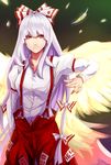  bow fujiwara_no_mokou hair_bow hair_ribbon long_hair minami_koyogi pants red_eyes ribbon silver_hair solo suspenders touhou very_long_hair wings 