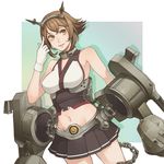  breasts brown_eyes brown_hair chain crop_top gloves hairband headgear kantai_collection large_breasts lips mecha_musume midriff miniskirt mutsu_(kantai_collection) navel pleated_skirt short_hair skirt sleeveless smile soa solo white_gloves 
