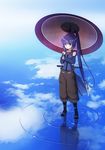  akatsuki_(log_horizon) cloud detached_sleeves log_horizon long_hair mocco_(sachima) ninjatou ponytail purple_eyes purple_hair reflection ripples salt_flats sky solo standing standing_on_liquid umbrella water 