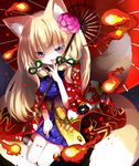  animal_ears blonde_hair blue_eyes clog_sandals emia_(castilla) fire flame flower fox_ears fox_tail hair_flower hair_ornament japanese_clothes kimono long_hair mitsuki_(p&amp;d) oriental_umbrella puzzle_&amp;_dragons tail umbrella yukata 