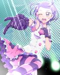  ;d blush dokidoki!_precure frills gloves hair_ornament hairclip hand_on_own_chest happy heart idol kenzaki_makoto leg_up looking_at_viewer music one_eye_closed open_mouth panties pointing precure purple_eyes purple_hair ribbon short_hair singing skirt smile solo standing striped striped_legwear tj-type1 underwear white_panties 