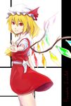  blonde_hair dress flandre_scarlet hat minami_koyogi outstretched_arm puffy_sleeves red_eyes ribbon short_hair side_ponytail solo touhou wings 