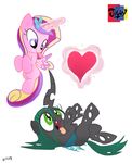  &lt;3 black_body changeling duo equine fangs female feral friendship_is_magic fur green_eyes green_hair hair holes horn horse jowybean long_hair lying magic mammal multi-colored_hair my_little_pony on_back open_mouth plain_background pony princess_cadance_(mlp) purple_eyes queen_chrysalis_(mlp) smile tongue tongue_out white_background winged_unicorn wings young 