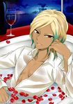  alcohol aqua_hair bad_id bad_pixiv_id bath blonde_hair bottle brown_eyes cup drinking_glass gouenji_shuuya halilmyo inazuma_eleven_(series) inazuma_eleven_go male_focus multicolored_hair no_pupils older open_clothes open_shirt parted_lips petals shirt solo two-tone_hair wine wine_bottle wine_glass 