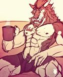  anthro biceps big_muscles boxers bulge canine chest claws coffee cup fangs fur glowing glowing_eyes male mammal muscles nipples pecs penis pose sitting sofa solo tattoo teeth toned topless underwear were werethrope werewolf wolf 