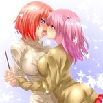  blue_eyes breast_press breasts food french_kiss highres holding holding_hands kiss large_breasts multiple_girls one_side_up open_mouth original pink_hair pocky red_eyes red_hair short_hair skirt sweater symmetrical_docking tongue tongue_out turtleneck watarui yuri 
