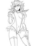  breasts greyscale kill_la_kill large_breasts lineart matoi_ryuuko monochrome nanigashi_(xla009) navel revealing_clothes senketsu short_hair solo strap_pull thighhighs 