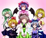  :o absurdres alice_margatroid ascot bat_wings blonde_hair blue_eyes blue_hair blush book bow brooch capelet cirno closed_eyes crossed_arms detached_sleeves dress fang finger_to_chin frog_hair_ornament green_eyes green_hair hair_bow hair_ornament hair_ribbon hairband hat head_tilt highres ice ice_wings jewelry juliet_sleeves kochiya_sanae koniiru konpaku_youmu lavender_hair lolita_hairband long_sleeves looking_at_another looking_at_viewer mob_cap multiple_girls one_eye_closed open_mouth outstretched_arms pink_background puffy_short_sleeves puffy_sleeves red_eyes remilia_scarlet ribbon rumia short_sleeves silver_hair skirt skirt_set snake_hair_ornament spread_arms star touhou v_arms wings wrist_cuffs 